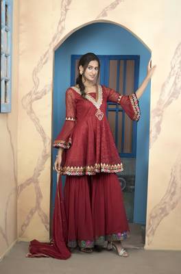 Maroon embroidered net stitched a line sharara kurta & dupatta  1