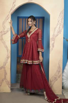 Maroon embroidered net stitched a line sharara kurta & dupatta  3