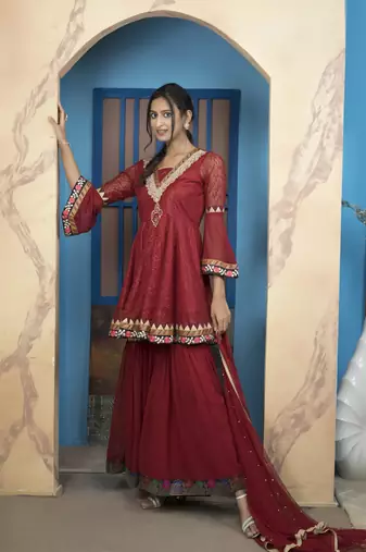 Maroon embroidered net stitched a line sharara kurta & dupatta 