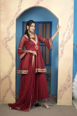 Maroon embroidered net stitched a line sharara kurta & dupatta  4