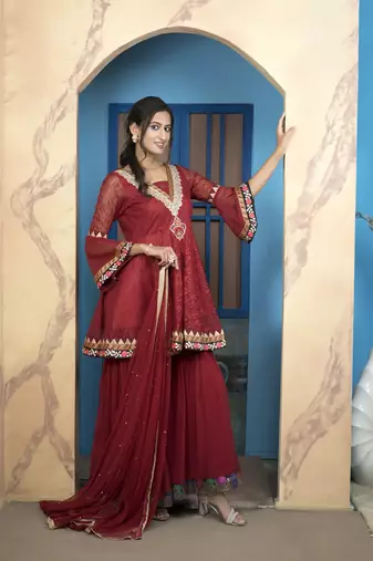 Maroon embroidered net stitched a line sharara kurta & dupatta 
