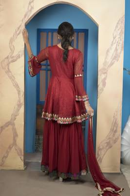 Maroon embroidered net stitched a line sharara kurta & dupatta  5