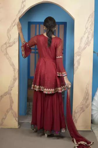 Maroon embroidered net stitched a line sharara kurta & dupatta 