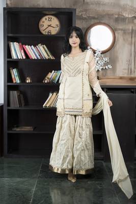 Beige embroidered chanderi silk stitched asymmetrical sharara kurta & dupatta  1