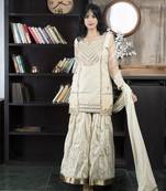 Beige embroidered chanderi silk stitched asymmetrical sharara kurta & dupatta 