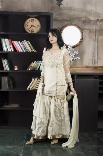 Beige embroidered chanderi silk stitched asymmetrical sharara kurta & dupatta 