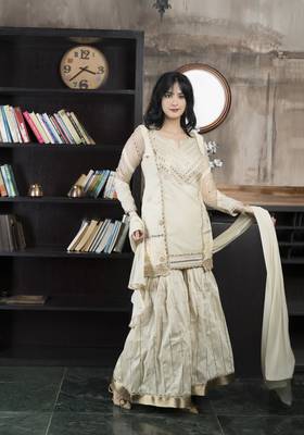 Beige embroidered chanderi silk stitched asymmetrical sharara kurta & dupatta  4
