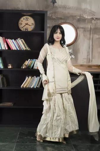 Beige embroidered chanderi silk stitched asymmetrical sharara kurta & dupatta 