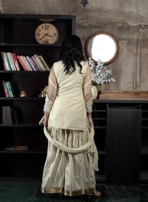 Beige embroidered chanderi silk stitched asymmetrical sharara kurta & dupatta  5