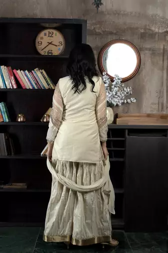 Beige embroidered chanderi silk stitched asymmetrical sharara kurta & dupatta 