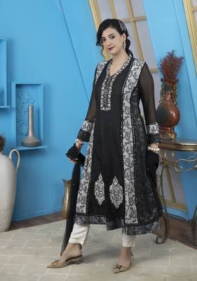 Black Embroidered Art Silk Readymade Anarkali Trouser kurta & Dupatta Suit 3