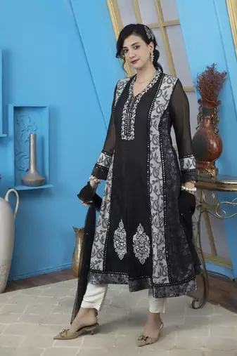 Black Embroidered Art Silk Readymade Anarkali Trouser kurta & Dupatta Suit