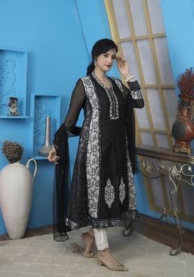 Black Embroidered Art Silk Readymade Anarkali Trouser kurta & Dupatta Suit 4
