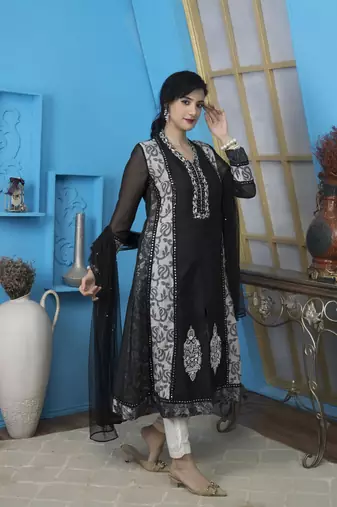 Black Embroidered Art Silk Readymade Anarkali Trouser kurta & Dupatta Suit