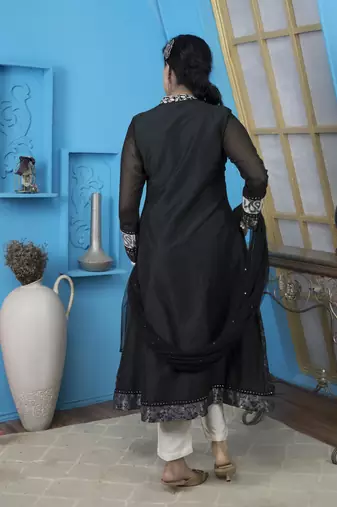 Black Embroidered Art Silk Readymade Anarkali Trouser kurta & Dupatta Suit