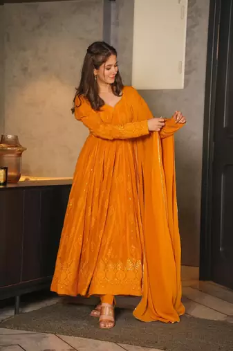 gold  Party Wear Embroidered work Stitched salwar suits