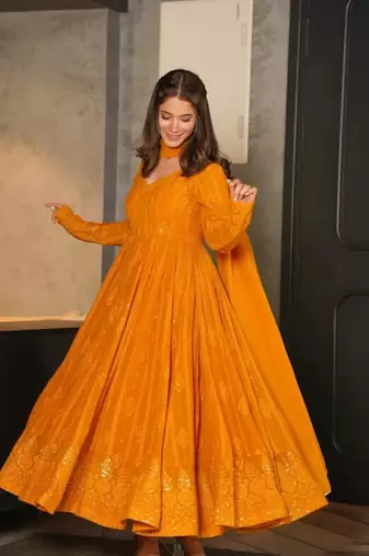 gold  Party Wear Embroidered work Stitched salwar suits