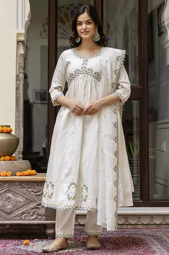 Trendmalls Trendmalls Off-White Chanderi Floral Embroidery Salwar Suit Kurta Pant with Dupatta Set