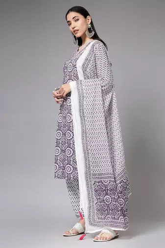 Purple floral printed aline kurta pant with dupatta set