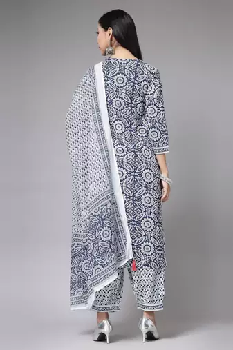 Blue floral printed aline kurta pant with dupatta set
