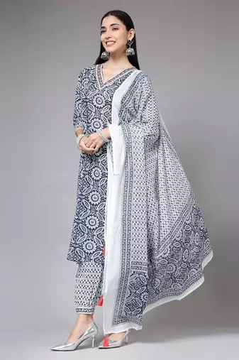 Blue floral printed aline kurta pant with dupatta set