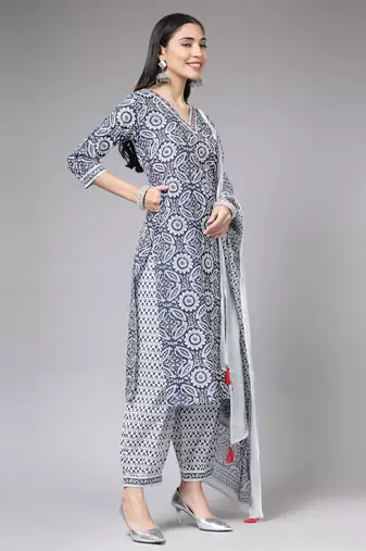 Blue floral printed aline kurta pant with dupatta set