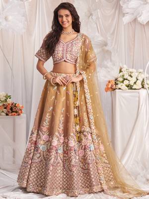 Beige Tissue Thread Embroidered Lehenga Choli 1