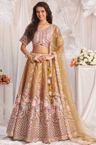 Beige Tissue Thread Embroidered Lehenga Choli