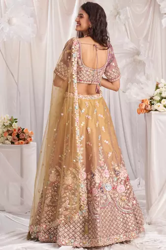 Beige Tissue Thread Embroidered Lehenga Choli
