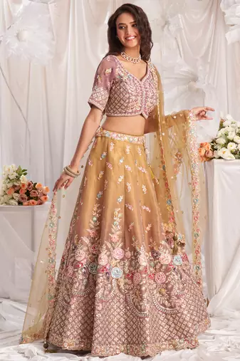 Beige Tissue Thread Embroidered Lehenga Choli