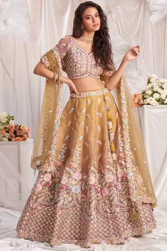 Beige Tissue Thread Embroidered Lehenga Choli