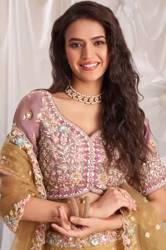 Beige Tissue Thread Embroidered Lehenga Choli