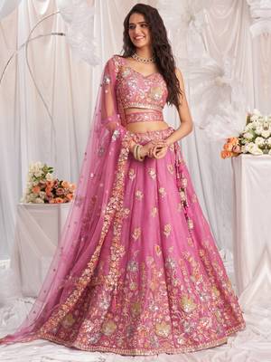 Pink Organza Sequins embroidery Semi-Stitched Lehenga choli & Dupatta 1