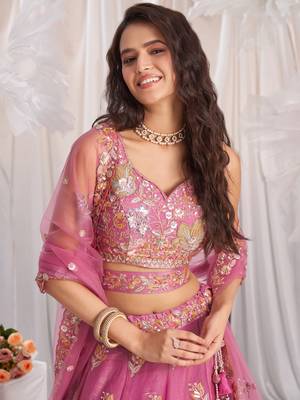 Pink Organza Sequins embroidery Semi-Stitched Lehenga choli & Dupatta 3