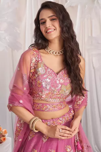 Pink Organza Sequins embroidery Semi-Stitched Lehenga choli & Dupatta