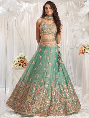 Lime green Organza Sequins embroidery Semi-Stitched Lehenga choli & Dupatta 1