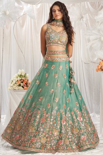 Lime green Organza Sequins embroidery Semi-Stitched Lehenga choli & Dupatta