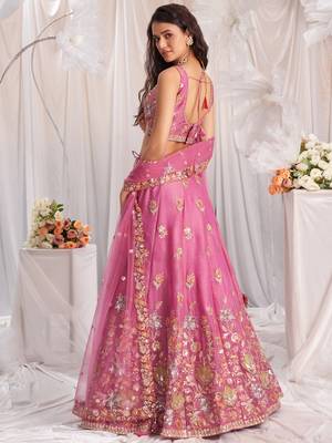 Pink Organza Sequins embroidery Semi-Stitched Lehenga choli & Dupatta 4