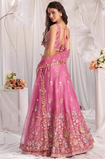 Pink Organza Sequins embroidery Semi-Stitched Lehenga choli & Dupatta