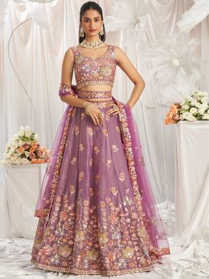 Lavender Organza Sequins embroidery Lehenga choli & Dupatta 5
