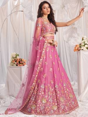 Pink Organza Sequins embroidery Semi-Stitched Lehenga choli & Dupatta 5