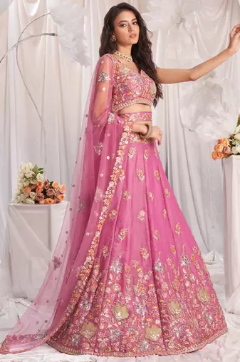 Pink Organza Sequins embroidery Semi-Stitched Lehenga choli & Dupatta