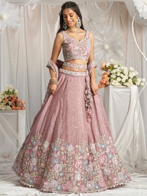 Baby Pink Chiffon Embroidered Wedding Lehenga Choli 1