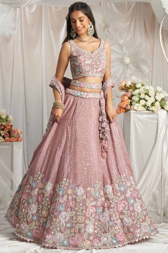 Baby Pink Chiffon Embroidered Wedding Lehenga Choli