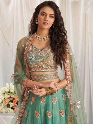 Lime green Organza Sequins embroidery Semi-Stitched Lehenga choli & Dupatta 2