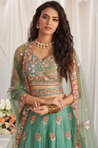 Lime green Organza Sequins embroidery Semi-Stitched Lehenga choli & Dupatta
