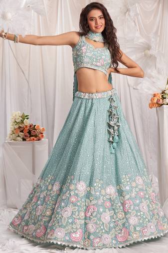 Sea Green Chiffon Dori Embroidered Floral Lehenga Choli for Wedding