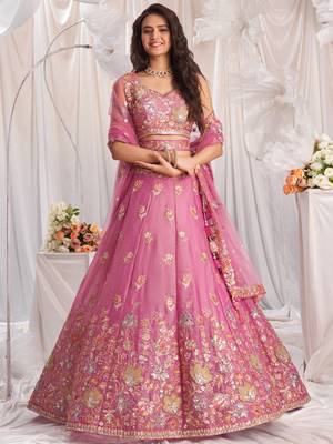 Pink Organza Sequins embroidery Semi-Stitched Lehenga choli & Dupatta 6