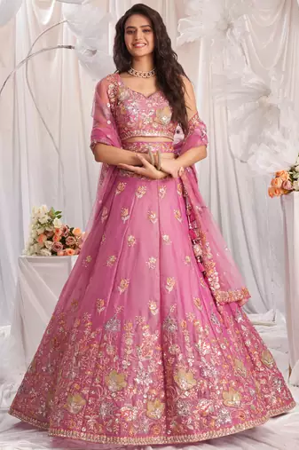 Pink Organza Sequins embroidery Semi-Stitched Lehenga choli & Dupatta
