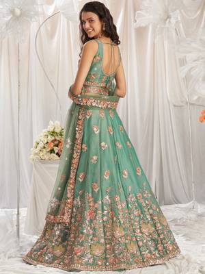 Lime green Organza Sequins embroidery Semi-Stitched Lehenga choli & Dupatta 3